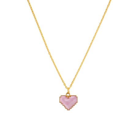 Pixel Love Necklace - Pink Heart Pendant in Gold